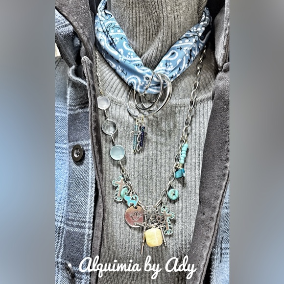 Multi turquoise charms layered statement bandanna scarf necklace - Picture 2 of 8